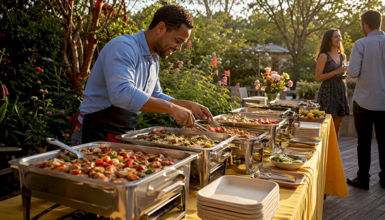 Caterer arranging buffet dishes