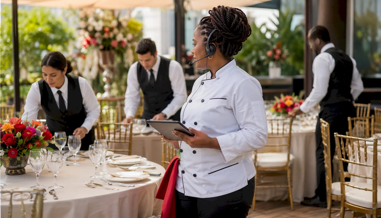 Catering staff coordinating table setup